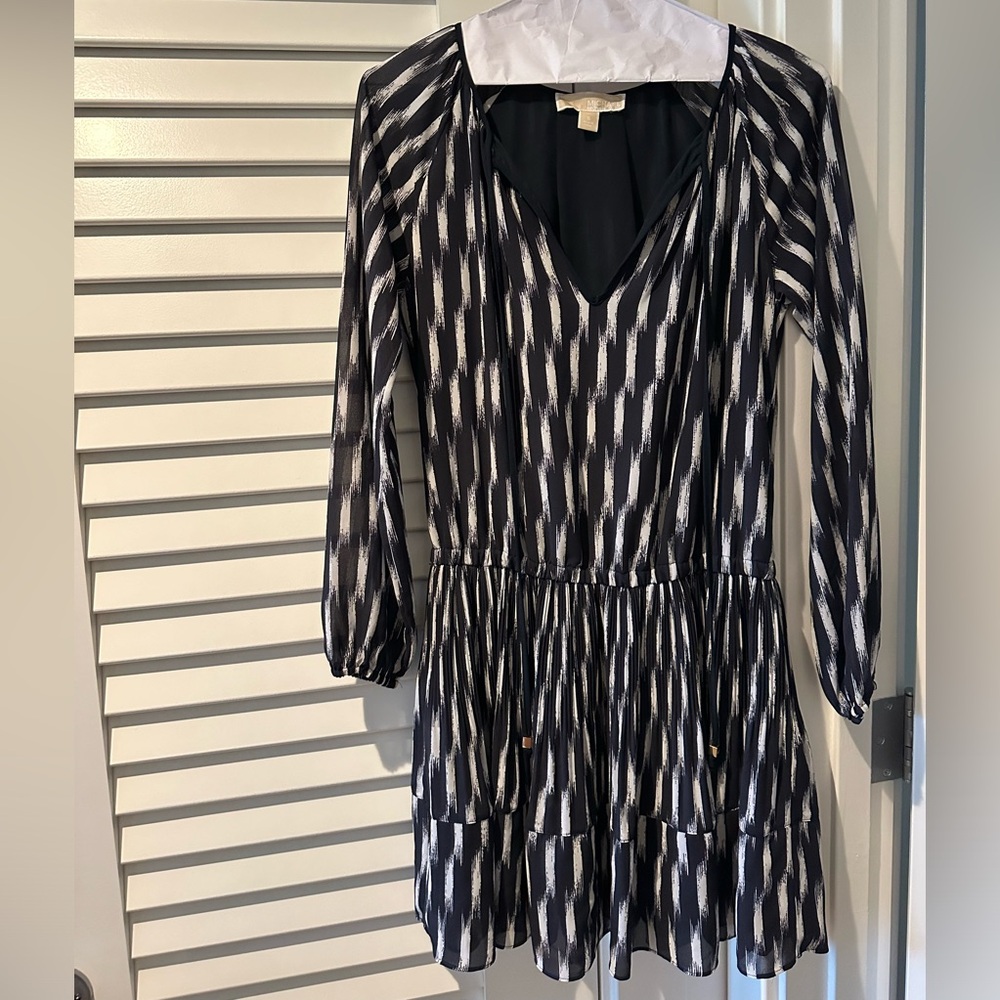 Michael Kors Navy and White Dress Smocked Waist Dress